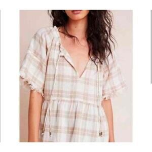 🌾 Anthropologie Bette Babydoll Top – Beige Plaid – Size 1X